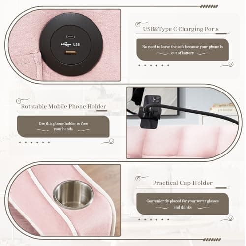 Convertible Velvet Sleeper Chair Bed with USB Ports & Phone Holder - 3-in-1 Recliner for Living Room & Small Spaces (Pink)