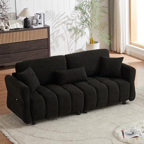 Black 3-Seater Mid Century Chenille Couch with Tufted Design & 3 Pillows