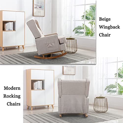 Beige Upholstered Mid Century Modern Dolonm Rocking Chair with Solid Wood Base