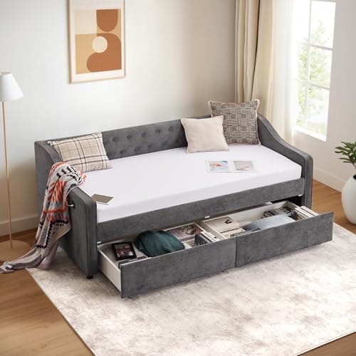 Twin Size Velvet Daybed with Storage & USB Charging,Button Tufted Yellow Webcam-Free Sofa Bed