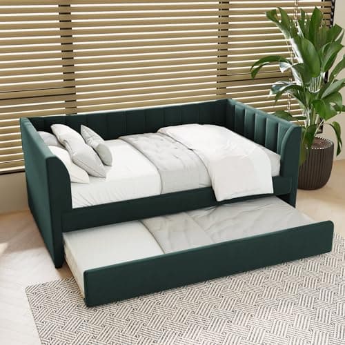 Merax Velvet Daybed with Backrest and Armrests, Green, Twin with Trundle