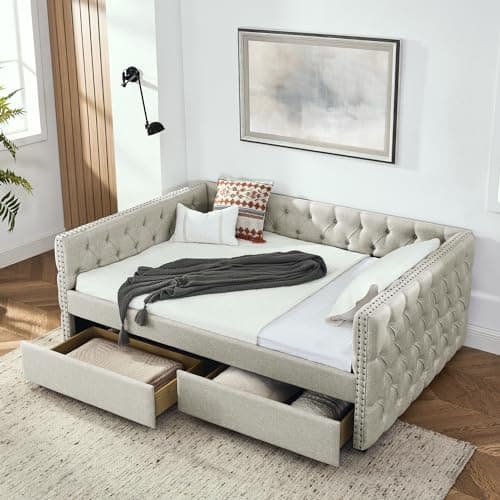 Linen Upholstered Ball & Cast Twin Daybed with Storage & Light Grey USB Port