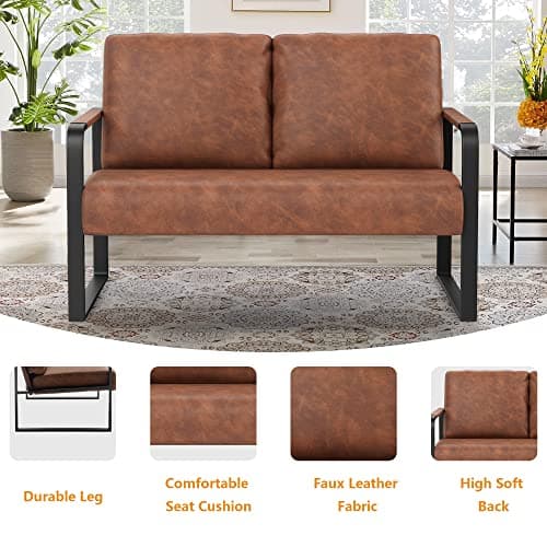 Mid Century Modern Dark Brown Faux Leather Love Seat Mini Couch