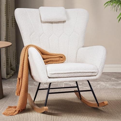 VECELO Thick Headrest Reading Glider Rocker with Side Pocket, White