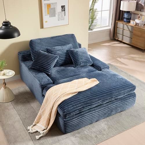 Eafurn Corduroy Upholstered Chaise Lounge Sofa with Ottoman & Cupholders