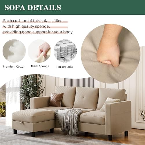 JAMFLY L-Shaped Sectional Sofas with Storage for Small Spaces, Light Brown