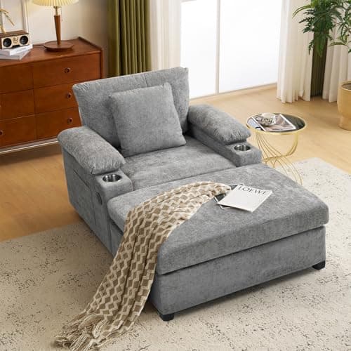 Light Grey Chenille Chaise Lounge with Ottoman & USB, Storage Armrests, & Side Pockets