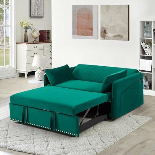 Convertible Sleeper Sofa Couch with Pull Out Bed, Modern Velvet Sofa Bed with Adjustable Backrest & USB Ports