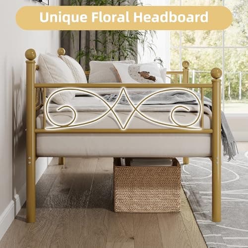Gold Metal Day Bed, Twin Size with Floral Headboard, Modern SOFE Bed Frame