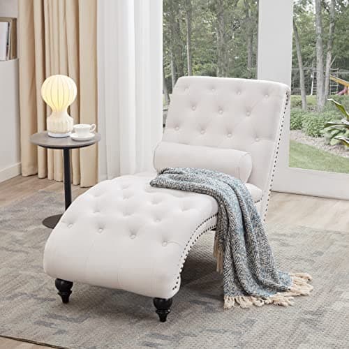 Beige Button-Tufted Armless Chaise Lounge with Solid Wood Legs & Pillow for Living Room