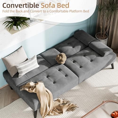 Shintenchi Dark Gray Velvet Reclining Sofa Bed with Foldable Arms