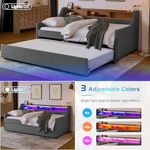 Daybed with Pop Up Trundle and Charging Station, King Size Upholstered Day Bed for Living Room or Bedroom (Grey)