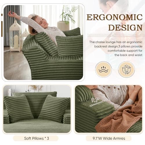 Oversized Chaise Lounge Chair Army Green for Living Room with 3 Pillows and Comfy Fluffy Couch, Modern Deep Seat Sofa No Assembly Needed, 50"W Upholstered Corduroy Couch Single Sleeper