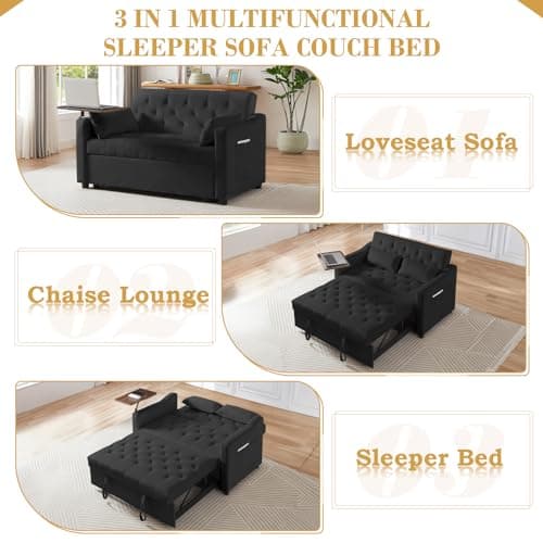 Convertible Sleeper Sofa Couch with Pull Out Bed, Velvet Futon Loveseat with Table & Reclining Back