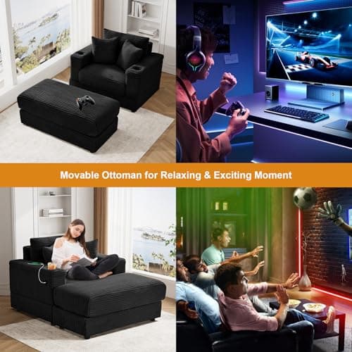 Oversized Chaise Lounge Chair with USB & Cup Holder - Black