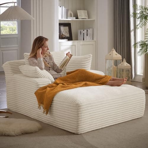 Oversized 49 Indoor Chaise Lounge Chair with 3 Pillows – Grey Corduroy, No Assembly Needed