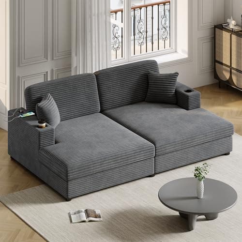 Blue-gray 55" Oversized Chaise Lounger with Chenille Fabric, Pillows, Charge Station & Cup Holders