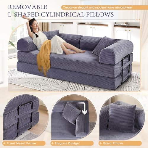 Grey Convertible Sleeper Sofa Bed with Memory FoamMattress&Cylindrical Pillows