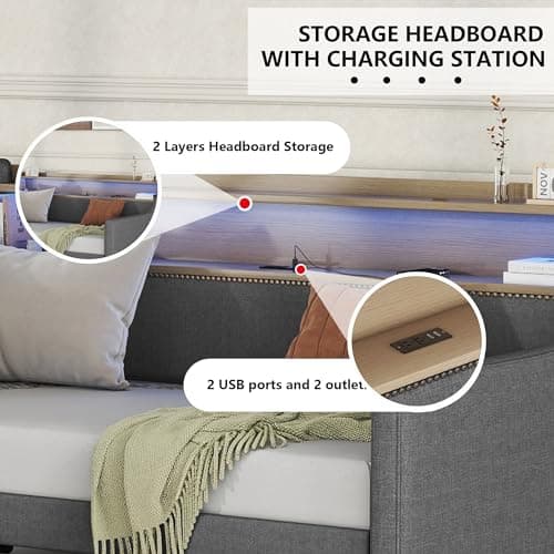 Twin Size Daybed with Storage Drawers, Charging Station and LED Lights, Gray Linen Fabric