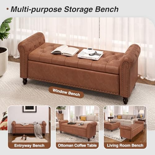 Faux Leather Window Bench with Storage & Tufted Button Detail, 65" Bedroom Bench, Brown