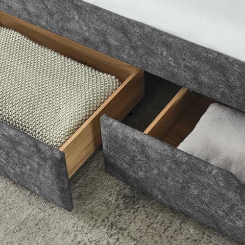 Queen Size Daybed with 2 Drawers, Upholstered Sofa Bed with Button Back and Waved Arms, Wood Slat Support - Grey