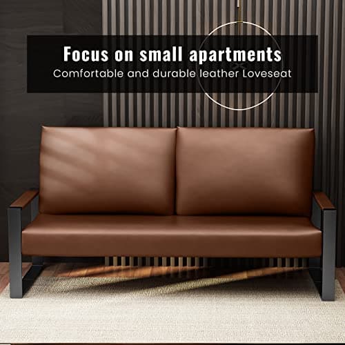 Mid-Century Brown Faux Leather Loveseat for Small Spaces
