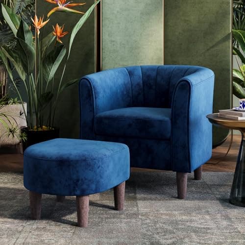 LINSY Velvet Accent Chair with Ottoman, Modern Barrel Reading Chair, Yellow