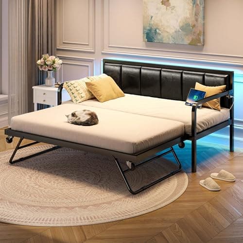 Rolanstar Adjustable Height LED Daybed with USB, Grey Upholstery for Living Room