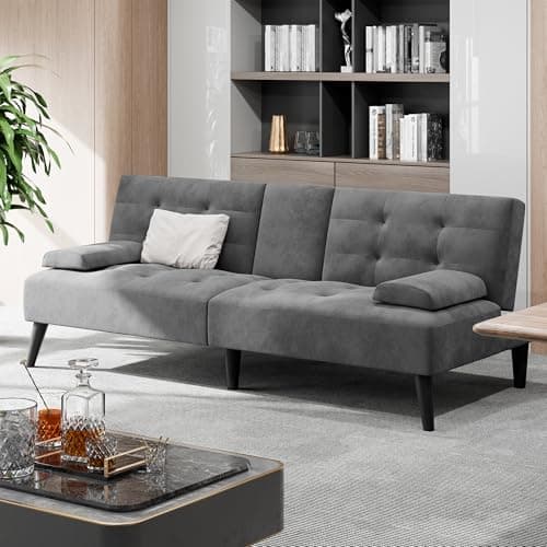 Shintenchi Dark Gray Velvet Reclining Sofa Bed with Foldable Arms