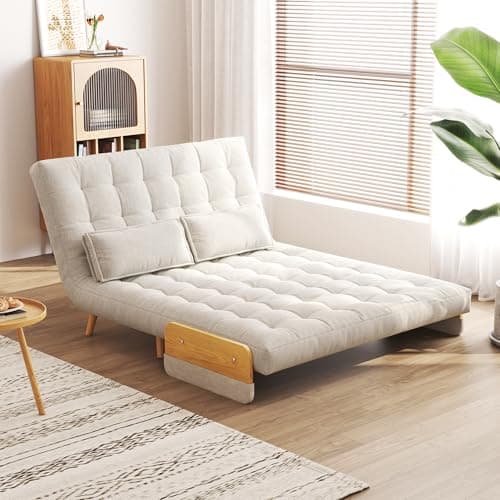 3-in-1 Convertible Chair Bed Sleeper for Adults, Linen Convertable Chair with Wooden Arms & Pillows