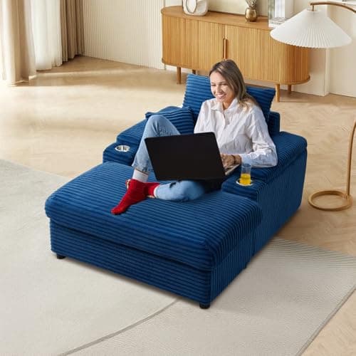 Cozy Blue Chaise Lounge Chair with Storage Ottoman & Cup Holders