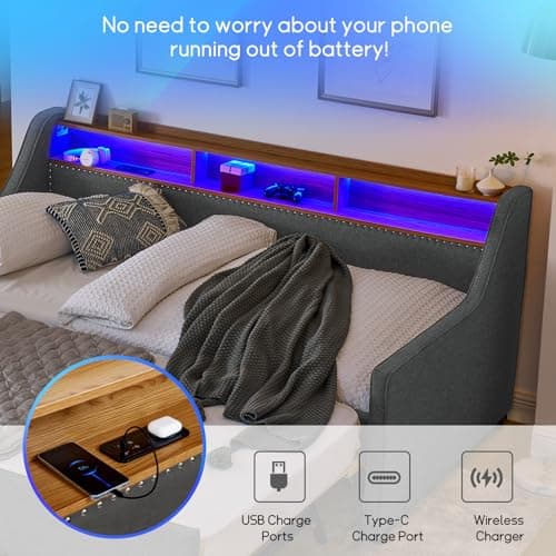 Daybed with Pop Up Trundle and Charging Station, King Size Upholstered Day Bed for Living Room or Bedroom (Grey)