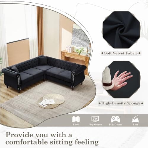 Mid Century Modern Velvet L-Shaped Sofa Couch - Black