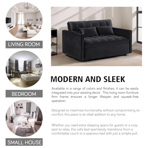 Black 3-in-1 Velvet Couch Bed with Recliner and Pillows, Full Size Sleeper Sofa