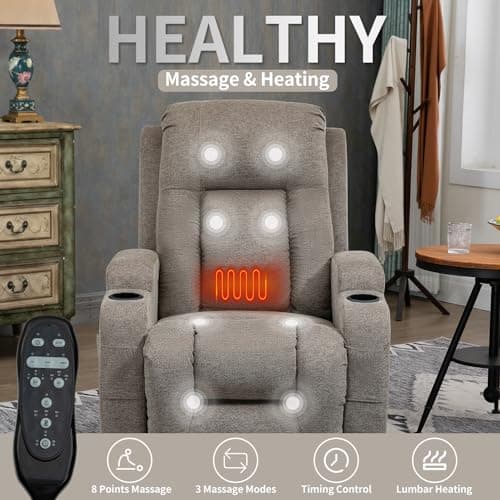 Elderly Electric Recliner with Heat, Massage, Standing Assist, 2 Cup Holders, USB Charge