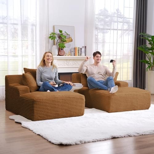 Eafurn Corduroy Upholstered Chaise Lounge Sofa with Ottoman & Cupholders