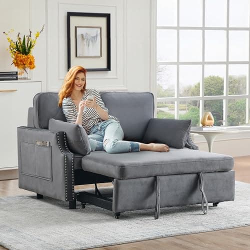 Grey Velvet Convertible Sleeper Sofa Bed, 50 Pull Out Couch, Modern Loveseat with Side Pocket for Small Spaces