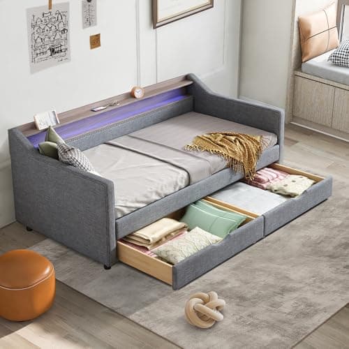 Linen Upholstered Ball & Cast Twin Daybed with Storage & Light Grey USB Port