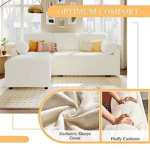 VanAcc 2-in-1 Sleeper Sofa Bed with White Sherpa Chaise and Storage