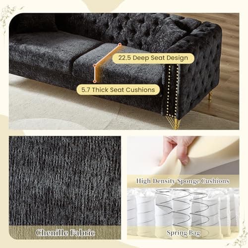 Mid Century Modern Chenille Button Tufted Loveseat + Couch Set (Black)