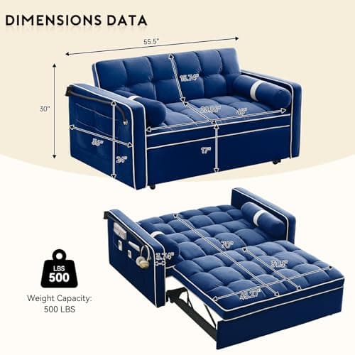 Convertible Sleeper Sofa with Adjustable Backrest & Phone Holder