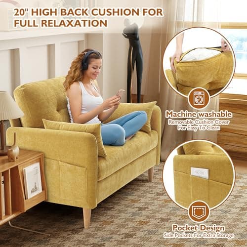 47" Soft Chenille Love Seat Sofa, Tool-Free Setup, All Wood, Yellow
