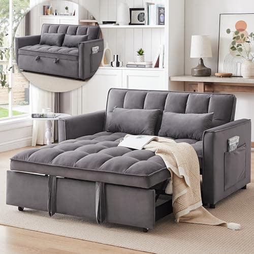 3-in-1 Convertible Living Room Couch Bed, Grey Velvet Fabric | Side Pocket & Adjustable Backrest