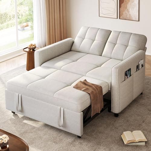 YITAHOME 55" Convertible Sofa Bed, Beige Reclining Sleeper with Side Pocket