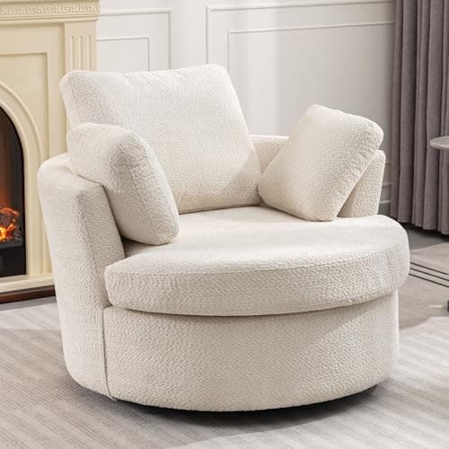 Beige Boucle Oversized Swivel Chair and Half Sofa for Living Room