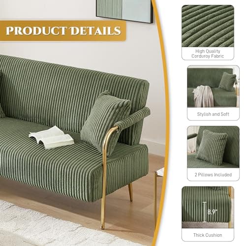 O YY Sir Dark Green Corduroy 59" 2 Seater Loveseat Couch with Pillows