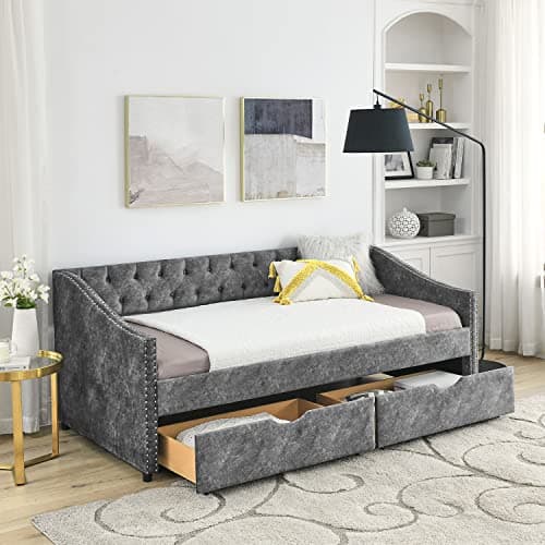 Modern Velvet Upholstered Daybed with Drawers