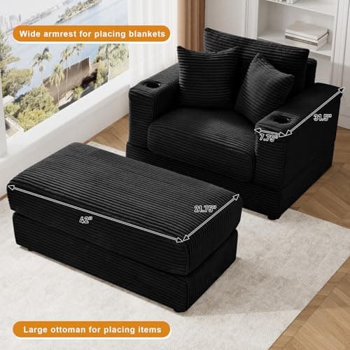 Oversized Chaise Lounge Chair with USB & Cup Holder - Black