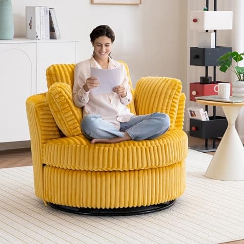 40" Modern Black Swivel Chair with 360° Metal Base & Plush Pillows, Thick Cushion, Living Room & Bedroom Accent (Black)