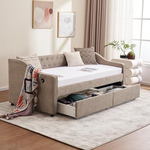 Beige Twin Size Daybed with Storage and USB Port